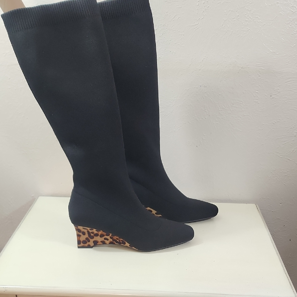 Cosy Island Elegant Black Wedge Boots with Leopard Print Heel Size 9
